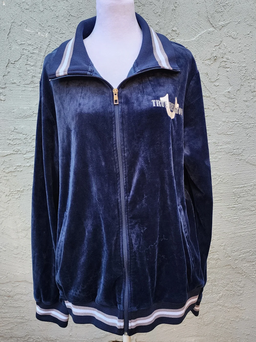 True Religion Navy Blue Velour World Tour Zip Up Track Jacket - Large
